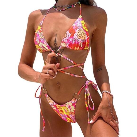 Pink Multi Floral Printed Wrap Around Strappy Bikini Swimsuit Bathing Suit Set - Picture 5 of 6